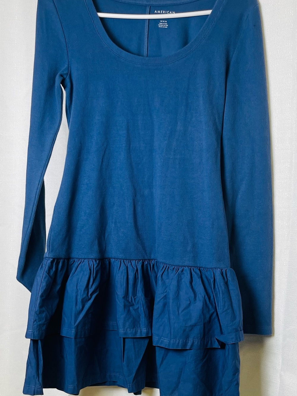 American Eagle Outfitters Blue Long-Sleeve Ruffle-Hem Tunic